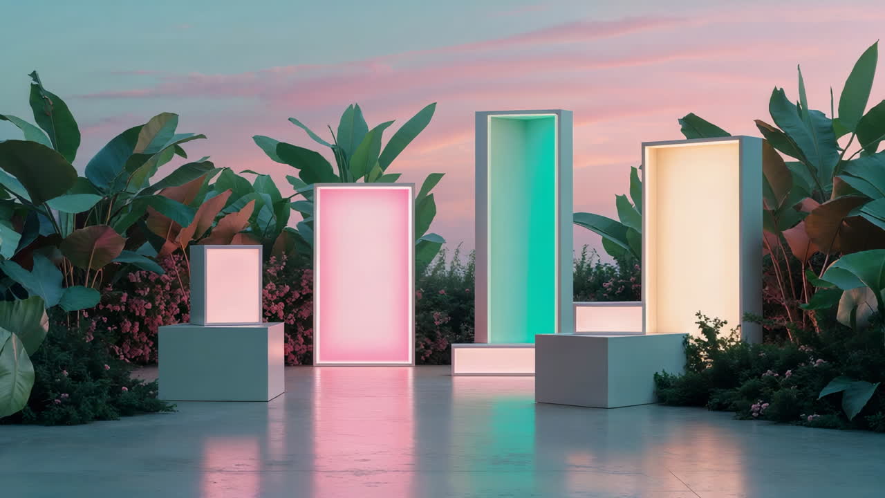 Vibrant Illuminated Frames Amidst Lush Greenery at Twilight