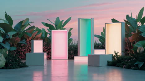 vibrant illuminated frames amidst lush greenery at twilight