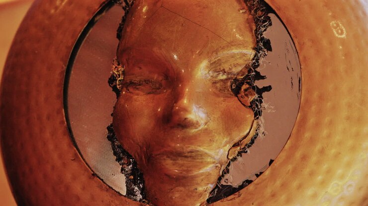 Close up of a golden sculpture with cracked textures and dramatic lighting