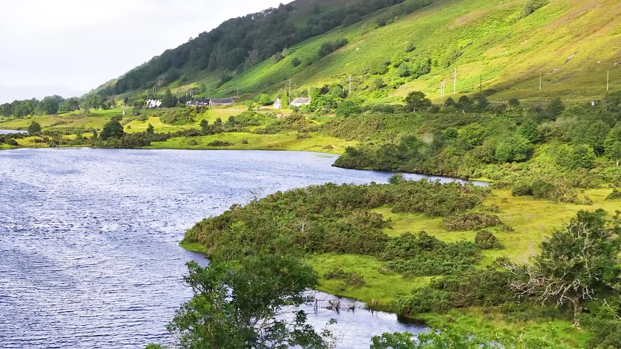 Lush green river valley, rolling hills, scattered trees, and smooth aerial camera movement under daylight