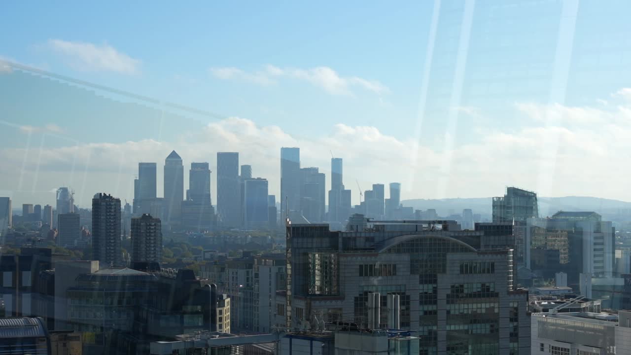 Industrial Canary Wharf area of London city with its skyscrapers in background