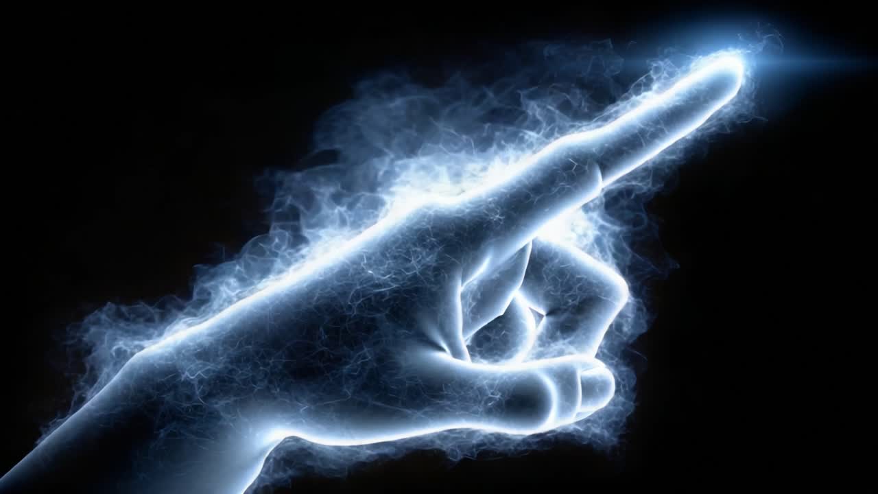 Eine mystische Darstellung einer zeigenden Hand mit einer leuchtenden Energiekugel, umgeben von ätherischen Rauch- und Lichteffekten in einer dunklen Umgebung.