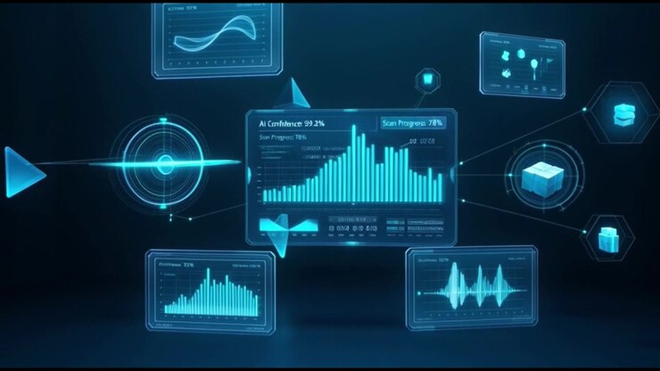 Futuristic Digital Interface with Data Visualization and AI Analytics