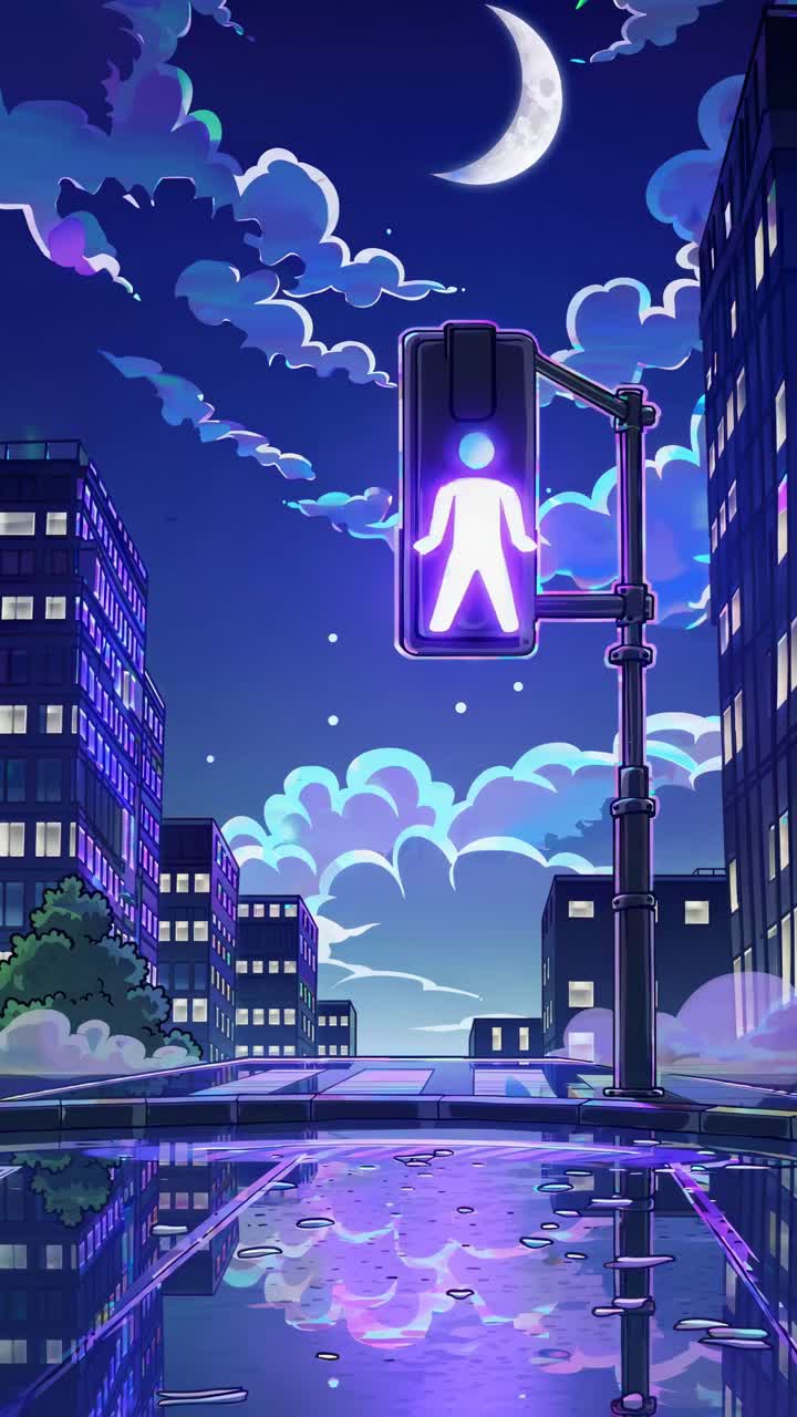 Un'illustrazione in stile video di un paesaggio urbano notturno, con una vista dal basso di un bagliore