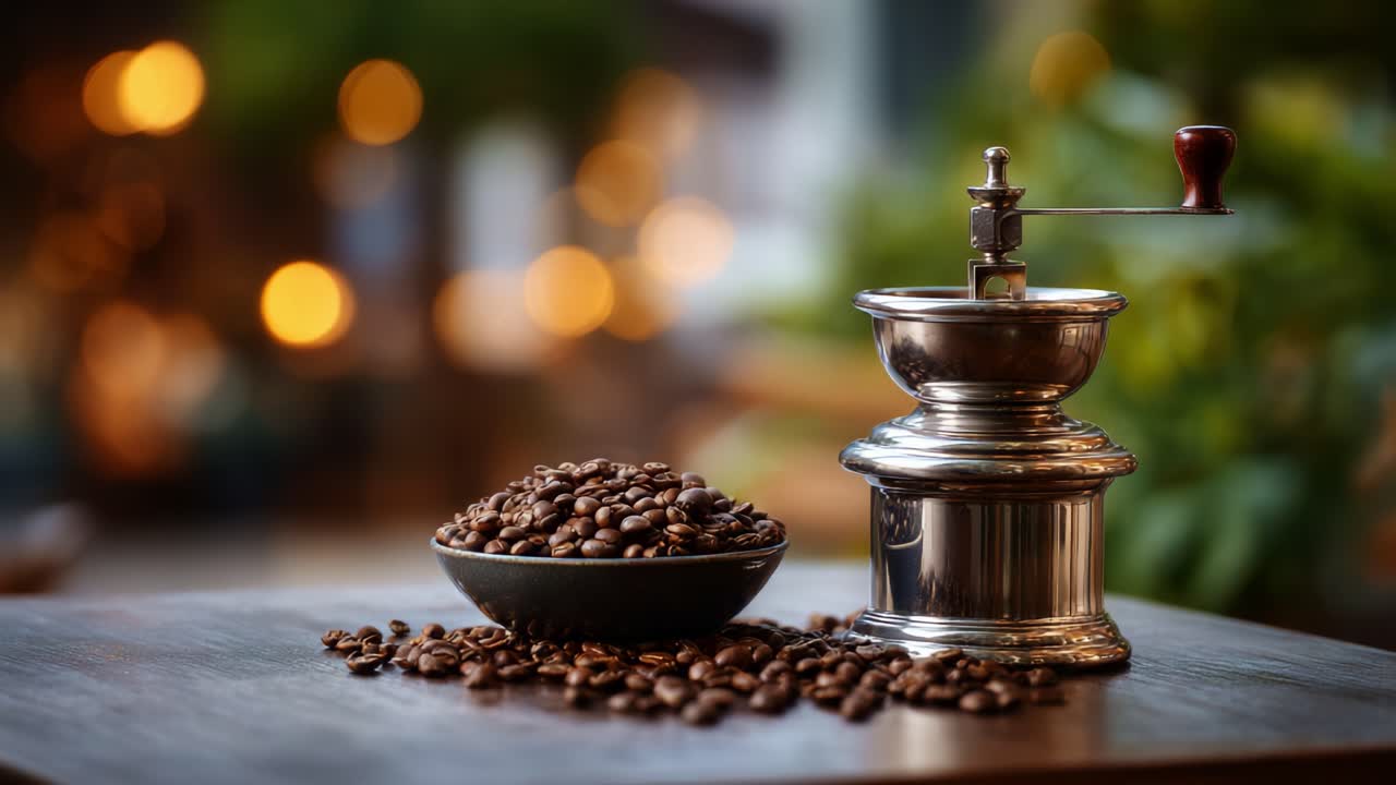 Moagem artesanal de café: um moedor rústico vintage e grãos recém-torrados destacam o trabalho artesanal do preparo do café em uma atmosfera acolhedora e convidativa