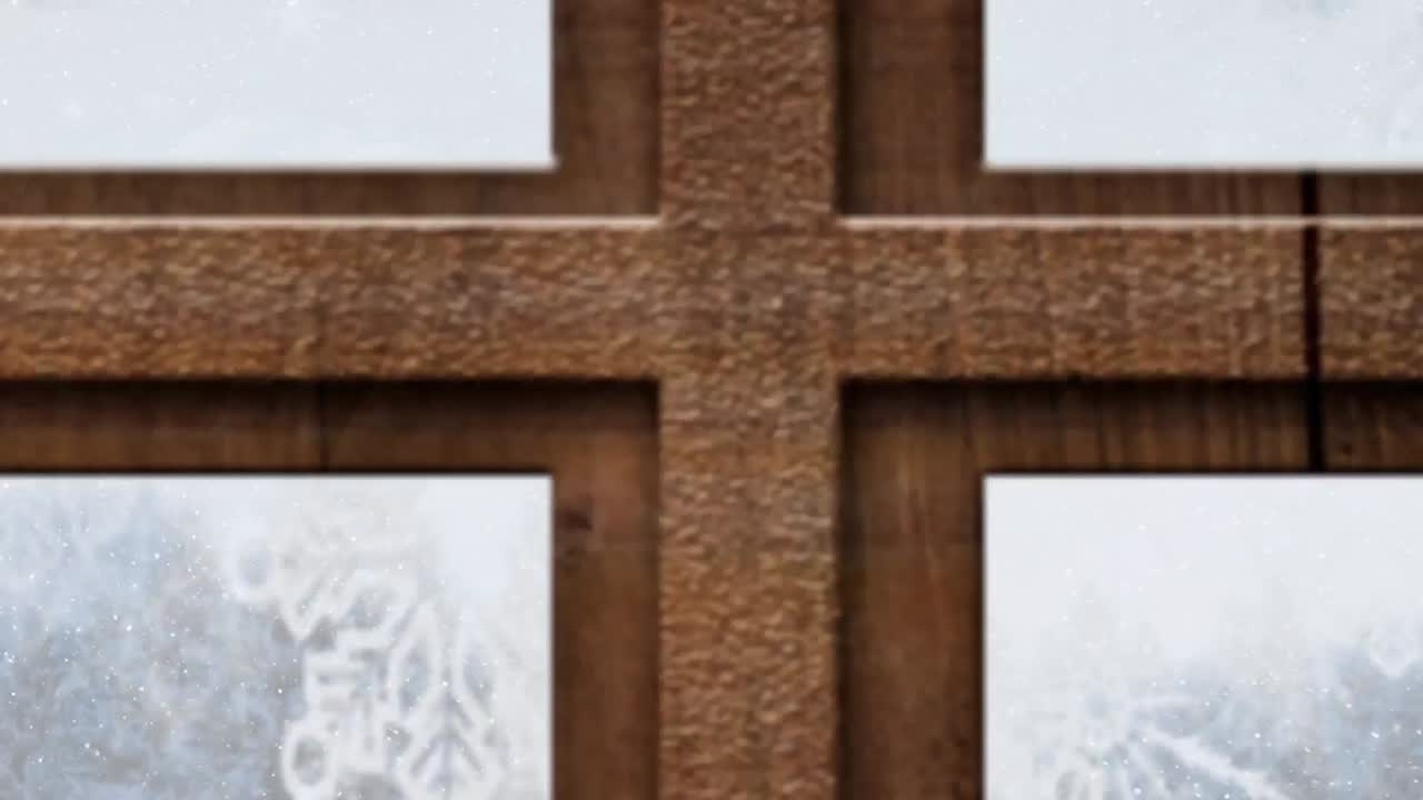 얼어붙은 유리로 창 위에 눈이 내리는 애니메이션