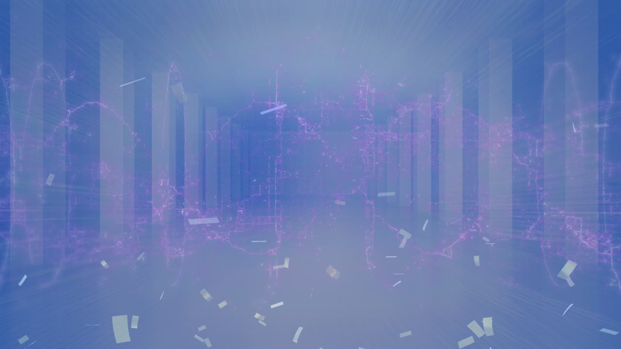 Animation of confetti over data processing on blue digital space