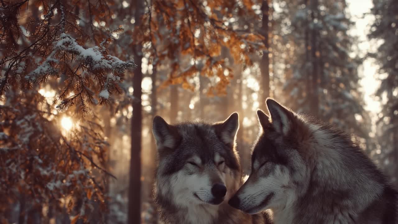 A Heartfelt Moment Between Two Wolves Amidst a Serene Winter Forest, Bathed in Golden Light Filtering Through Snow-Covered Pines