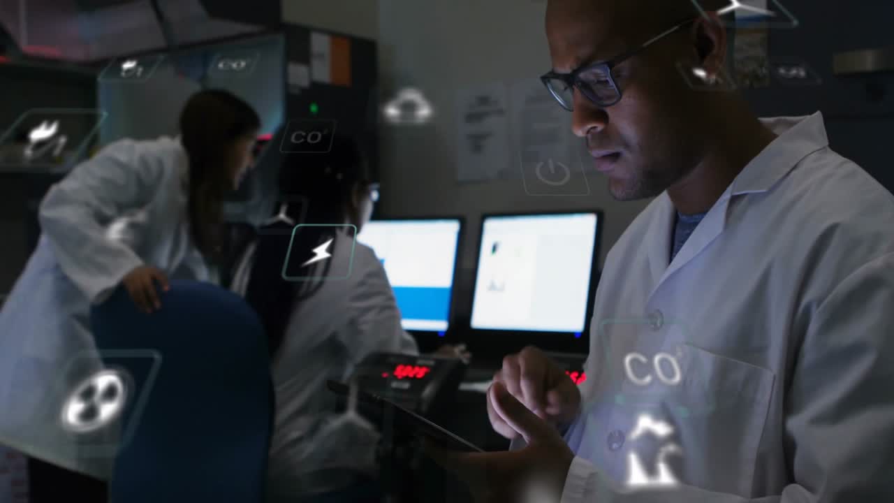 Data wave sweeping lab, revealing icons as scientist tapping tablet and technicians collaborating