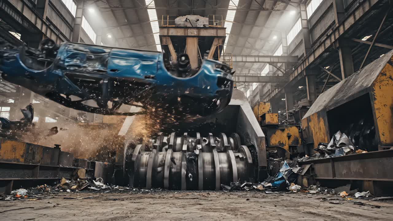 Bil, der bliver flået i en industriel makulator