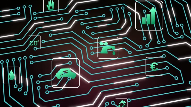 Animation of microprocessor connections and multiple digital icons against grey background
