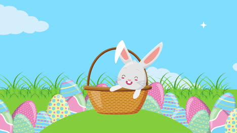 feliz tarjeta animada de pascua con conejo en la canasta y huevos pintados