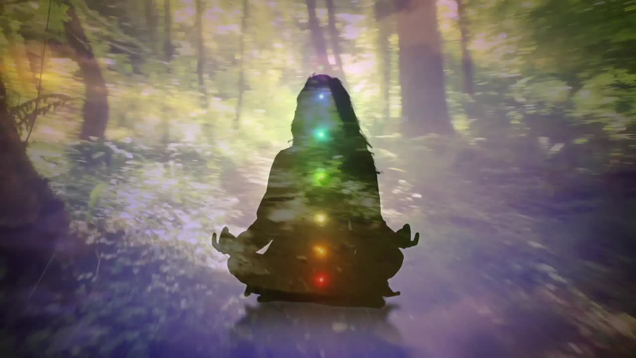 silueta de una mujer mediando en el bosque