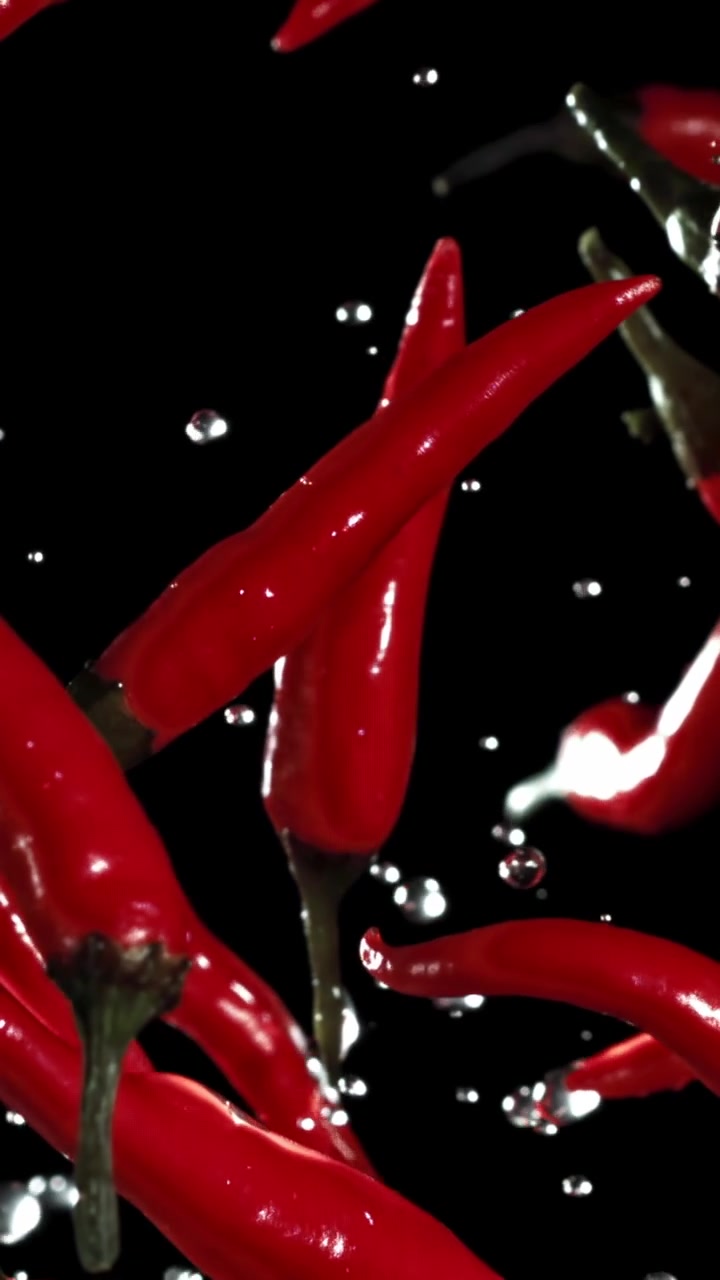 Fresh Red Chili Peppers Falling in Slow Motion with Water Drops