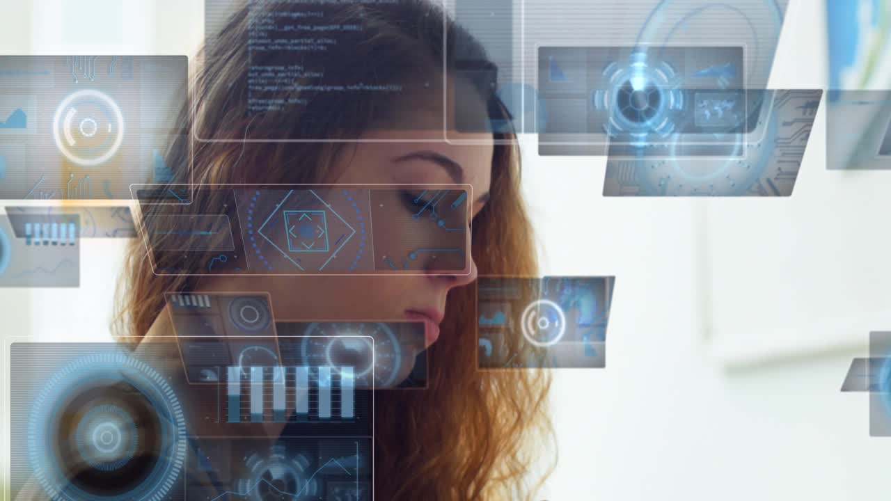 Woman tapping tablet, glancing at watch for work, bringing AR tech panels while eating pastry