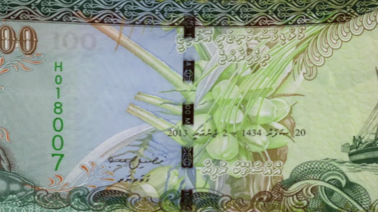 Maldivian 100 Rufiyaa Banknote Close-Up on Green Screen