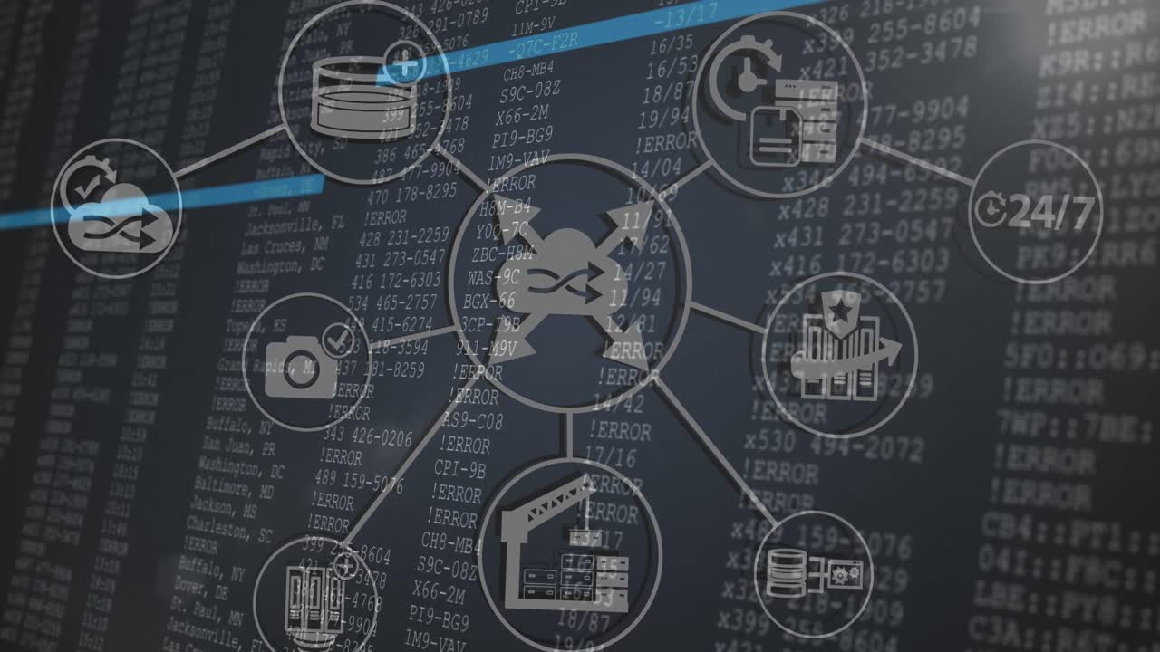 animación de la red de conexiones con iconos sobre el procesamiento de datos