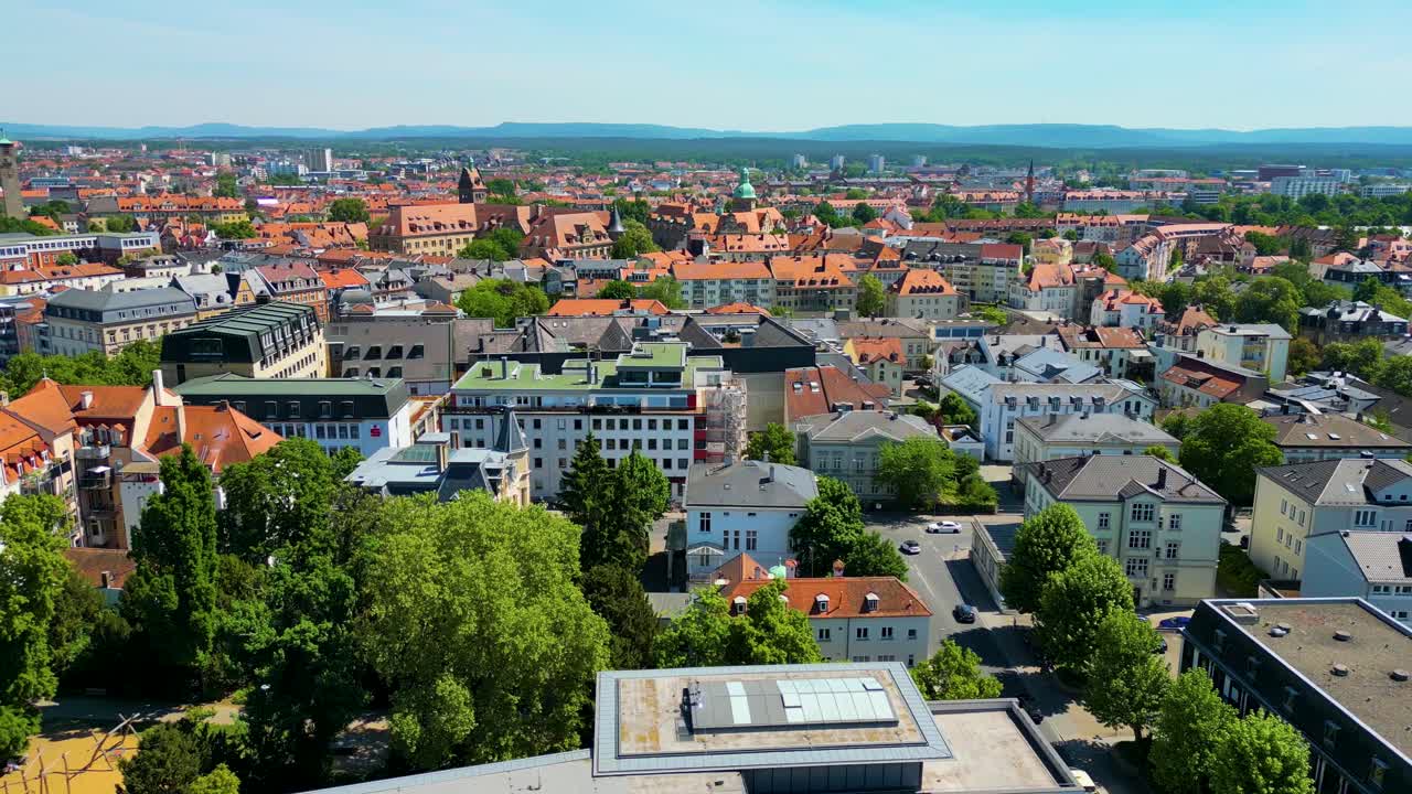 4K Aerial Drone Video of the Beautiful Homes and Churches along the Regnitz River in the Old Town area of Downtown Bamberg, Germany