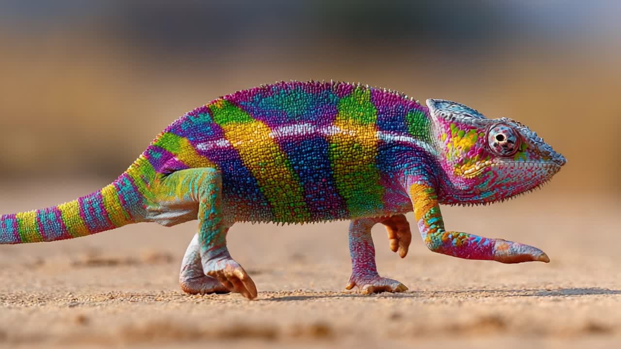 A Vibrantly Colored Chameleon Striding Across a Sandy Terrain, Showcasing its Unique Patterns and Coloration in Stunning Detail