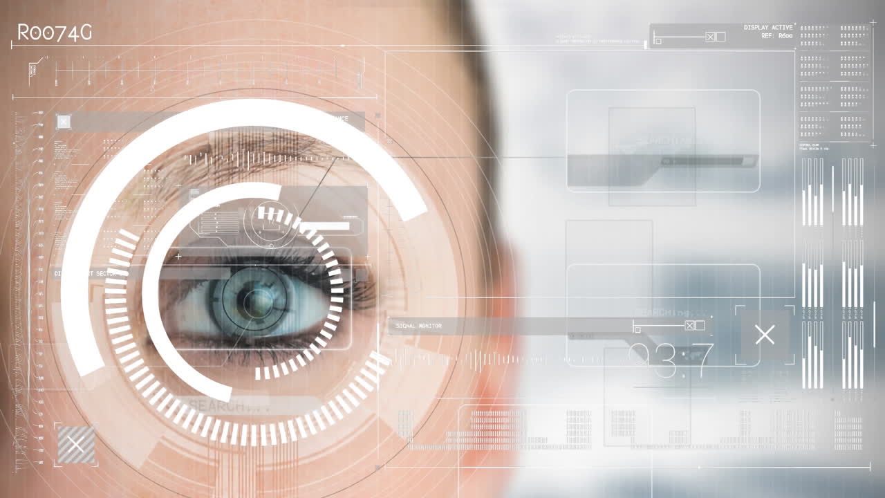 animazione della scansione dello scopo e globo della rete di connessioni sopra l'occhio della donna