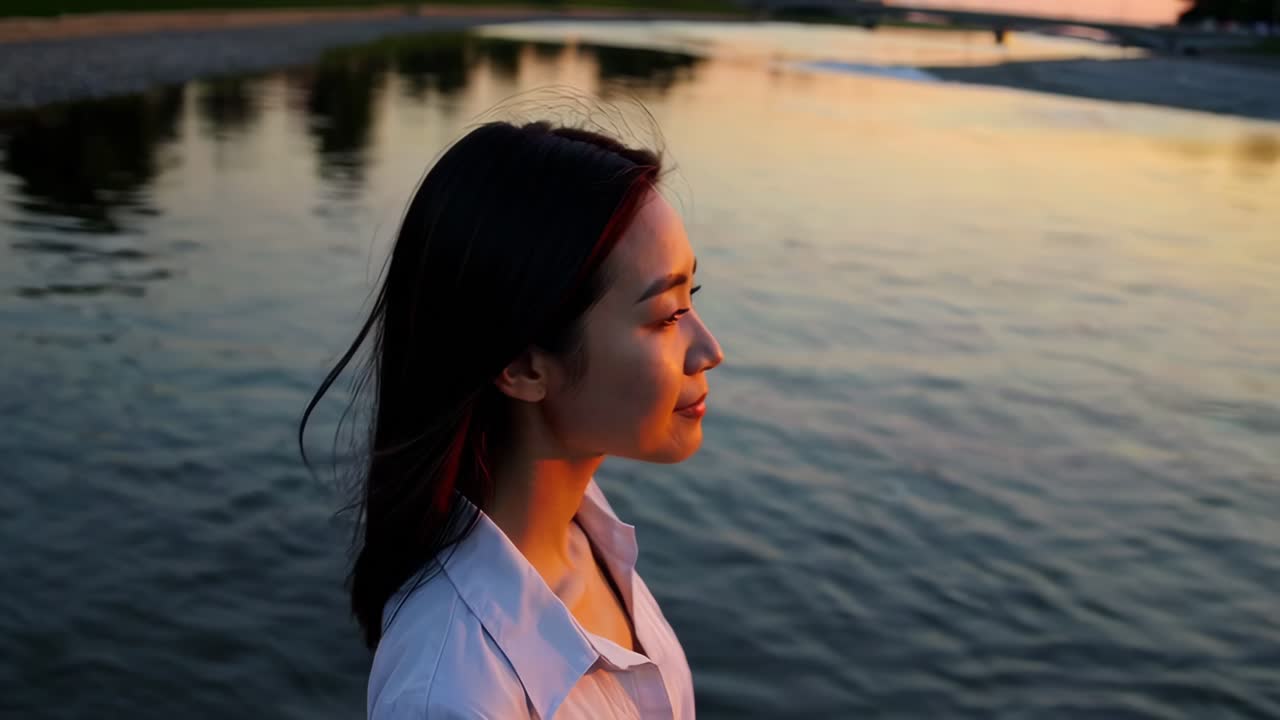 mujer junto al río al atardecer