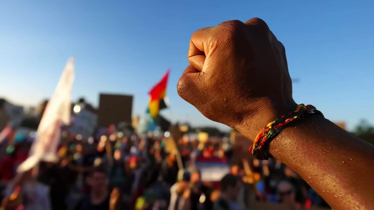 Raised Fist Symbolizing Unity at a Protest Rally