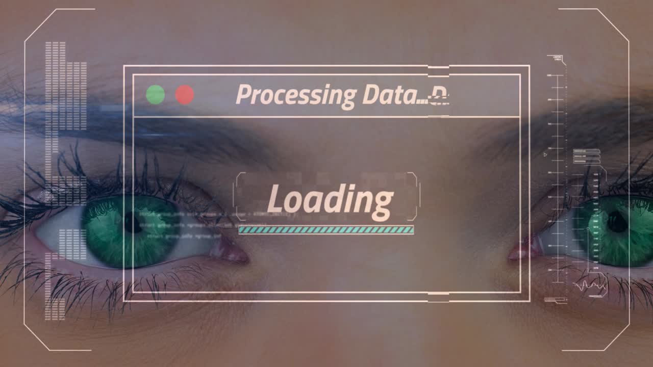 Animation of data processing on screen over woman's green eyes