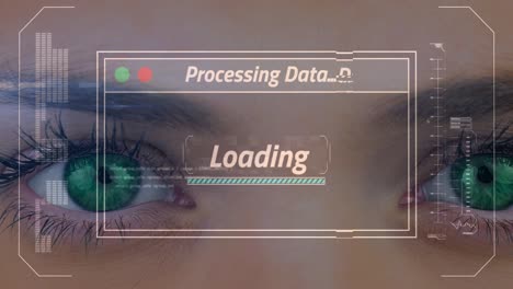 animation of data processing on screen over woman's green eyes