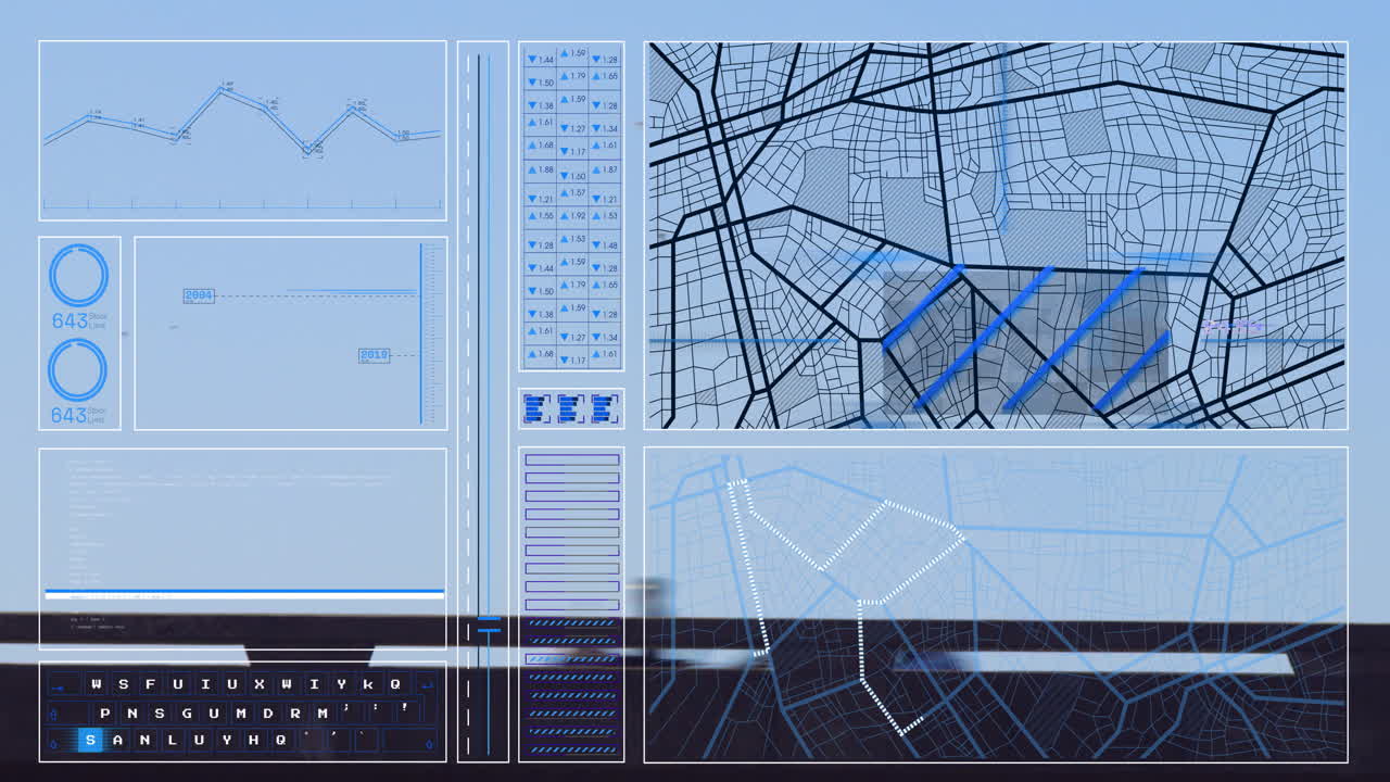 Digital map and data analysis animation over urban planning interface