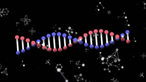 Animation-Rotierender-DNA-Stränge-Und-Molekularer-Strukturen-Auf-Schwarzem-Hintergrund