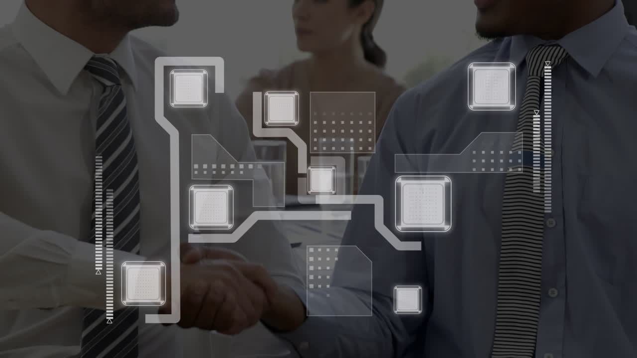 animación de la red y el procesamiento de datos sobre el apretón de manos del empresario