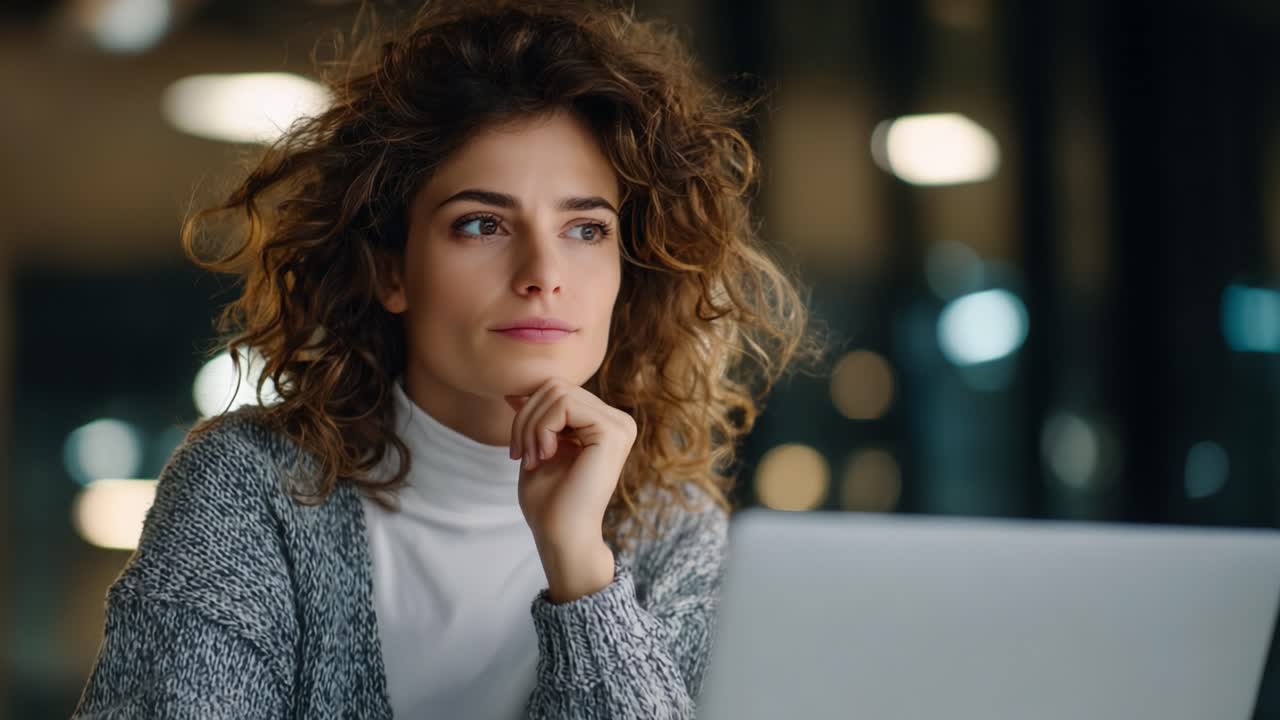 A contemplative woman with curly hair gazes thoughtfully into the distance while sitting at a desk, showcasing her pensive mood and focus in a modern setting