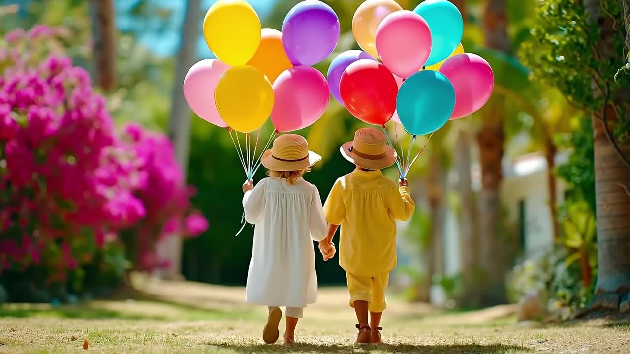 Un paio di bambini che camminano lungo un sentiero tenendosi per mano e con in mano palloncini colorati