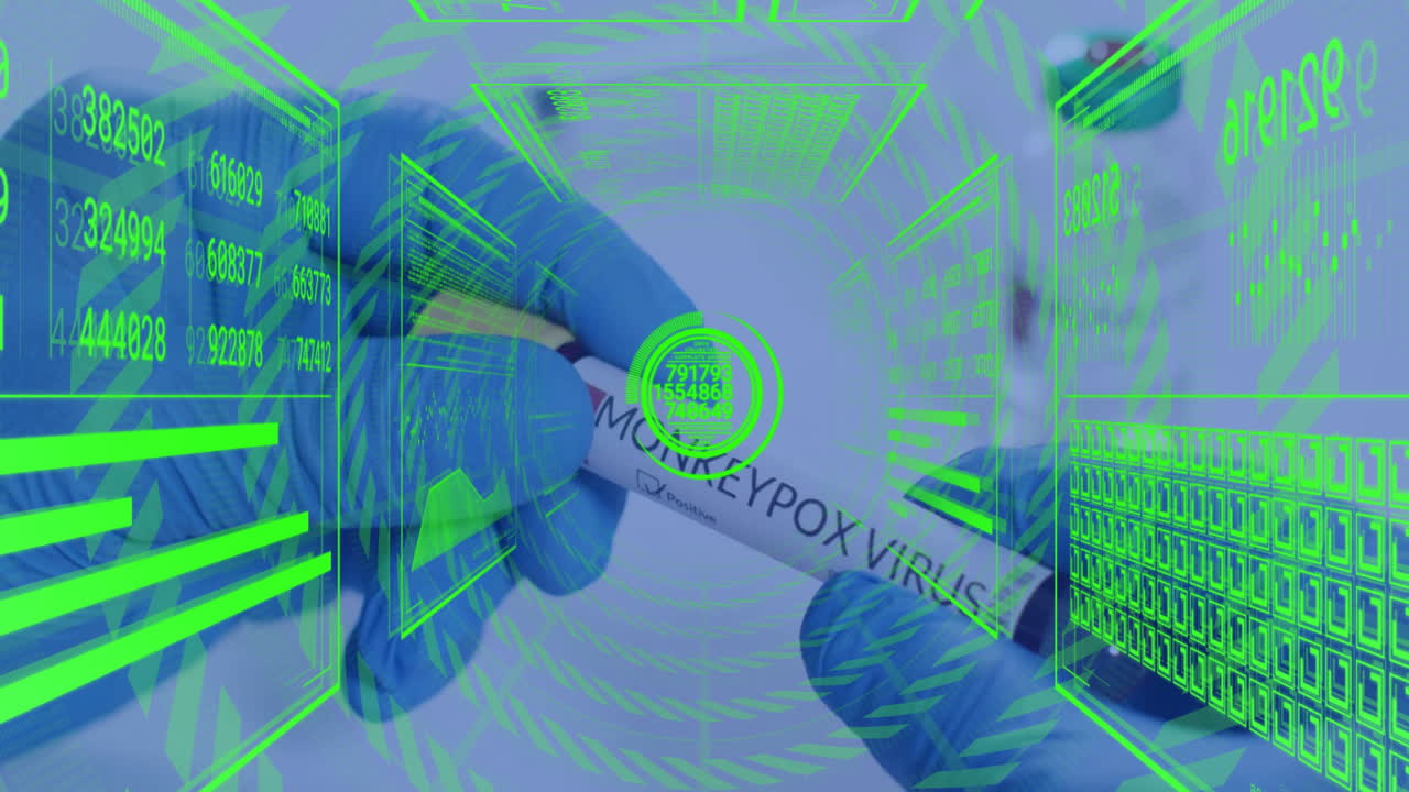 Holding monkeypox virus vial, gloved hands with digital animation overlay