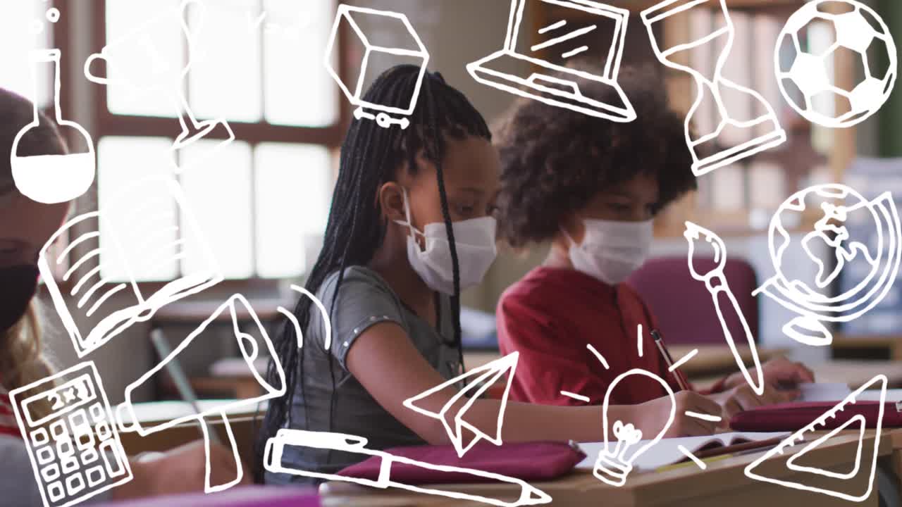 animación de elementos escolares iconos que se mueven sobre los escolares que llevan máscaras faciales