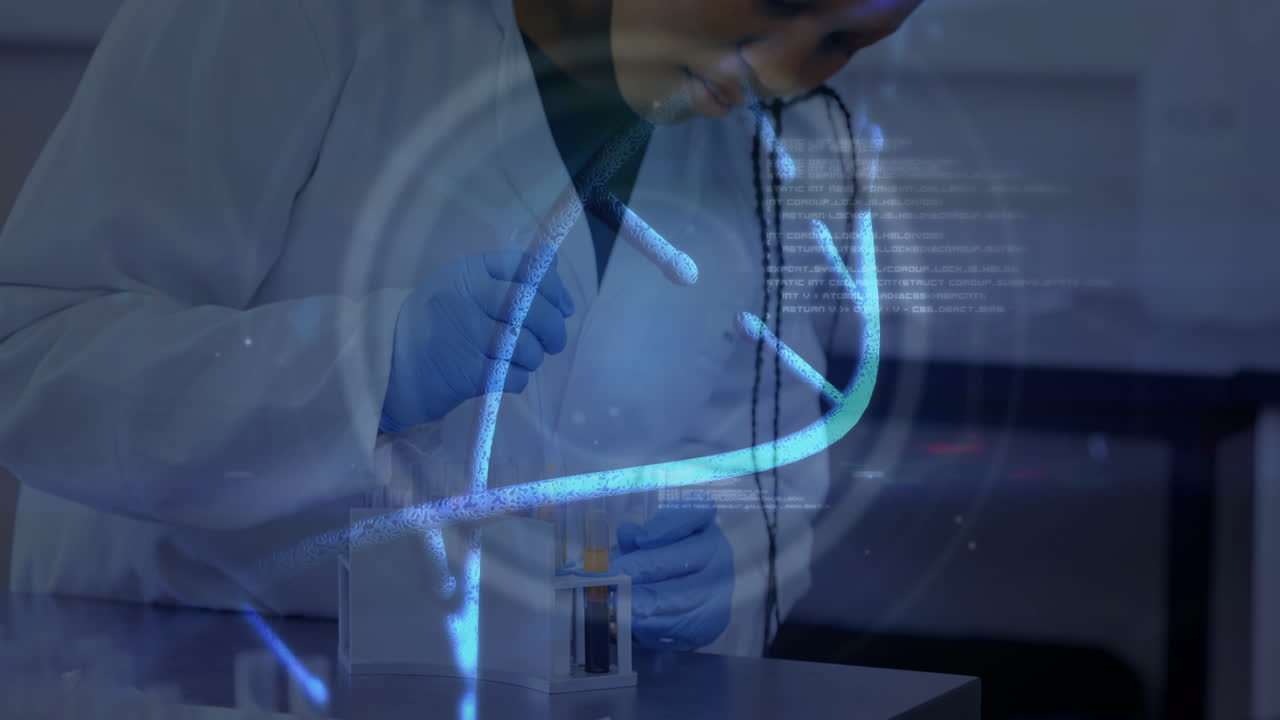 animación de adn y procesamiento de datos sobre una trabajadora de laboratorio afroamericana