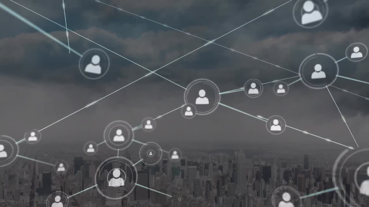 animación de la red de conexiones sobre el paisaje urbano