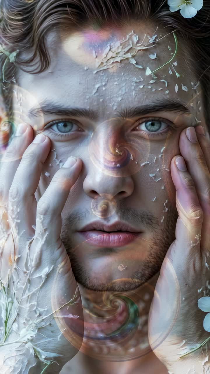 Vertical video: Framing model pressing cheeks in studio to reveal soft glow with cracks and petals