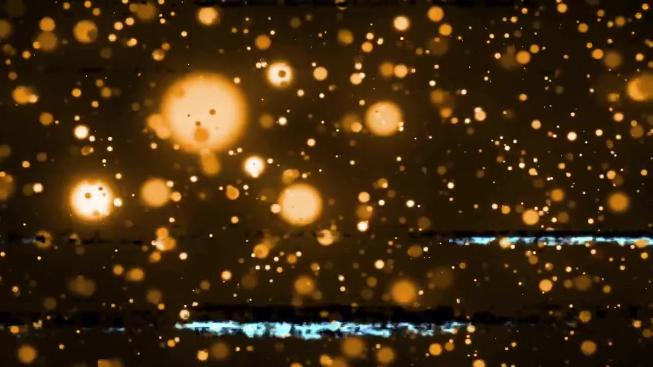 Impulso glitch che attiva bande blu mentre un bokeh dorato fluttua, mostrando un'atmosfera da scanline analogica.