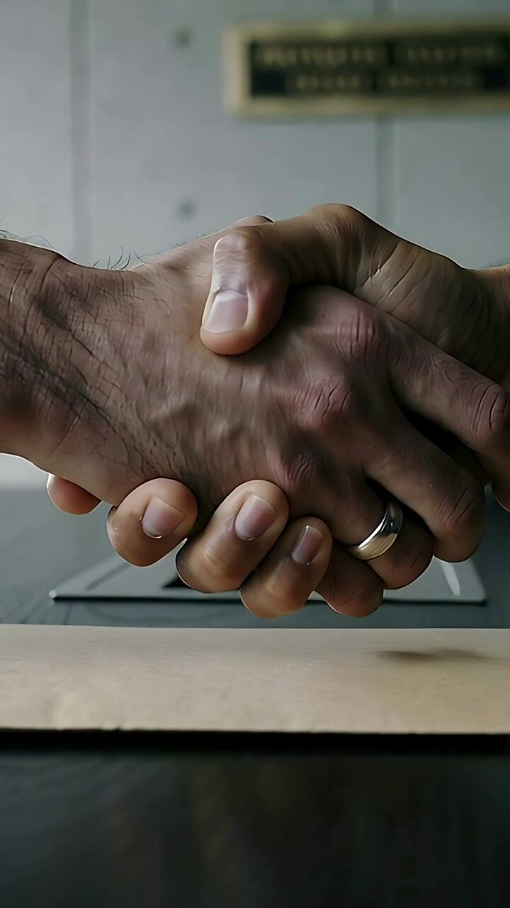 Video verticale: incontro di mani, due rappresentanti che raggiungono una busta su un tablet sopra un tavolo scuro per concludere l'accordo