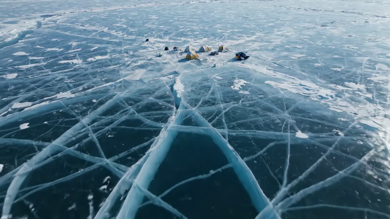 Luftfoto af telte på en vidtstrakt, revnet frossen sø