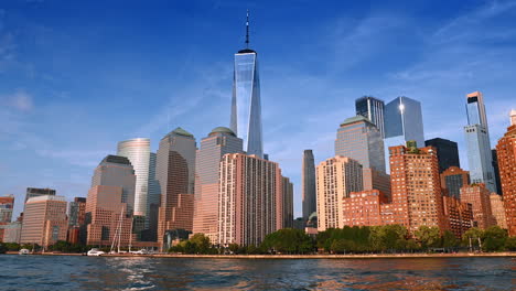 gorgeous modern buildings reflecting sunshine. low angle view at the skyline of new york from riverscape