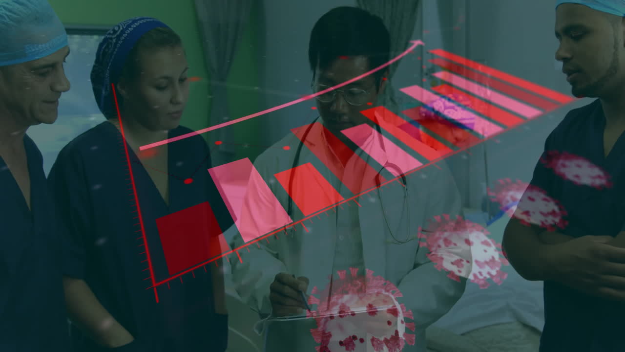 Discussing coronavirus data, healthcare professionals in hospital analyzing graph overlay
