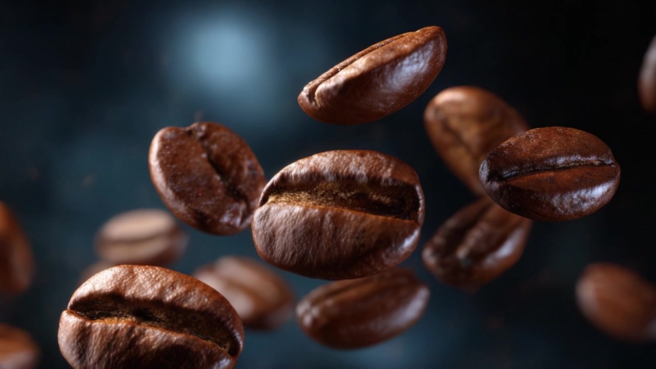 Et fængslende nærbillede af svævende kaffebønner i luften; kaffens kunst er indfanget med rige farver og stilarter, hvilket fremkalder en indbydende aroma og smagsoplevelse.
