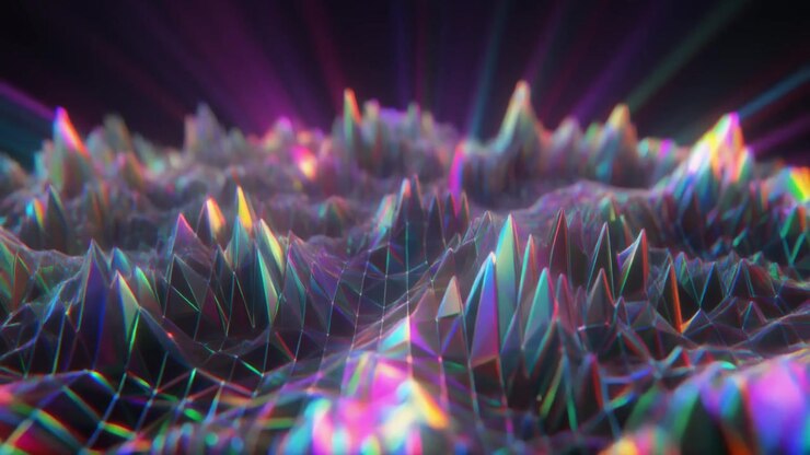 Abstract Digital Landscape with Iridescent Geometric Terrain and Light Rays