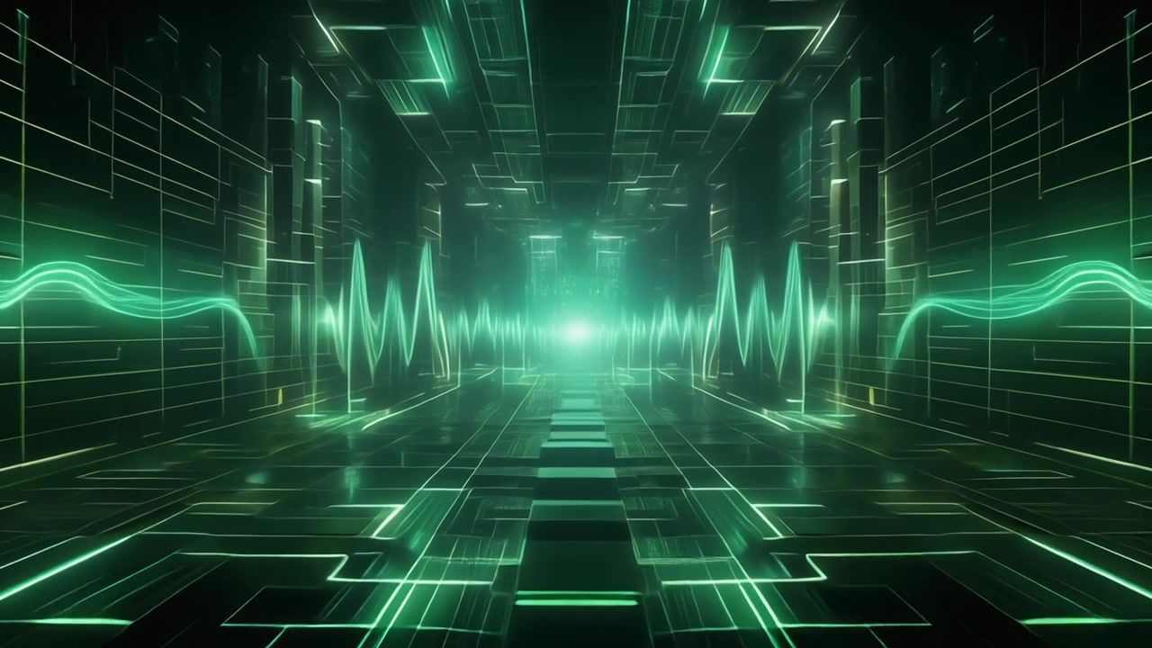 Futuristic Digital Tunnel with Glowing Green Sound Wave Visualization
