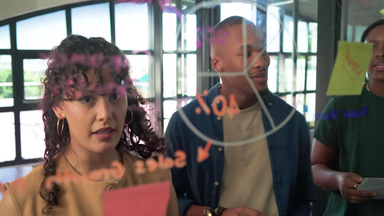 African American team following brief woman drawing on glass at office placing pink sticky note