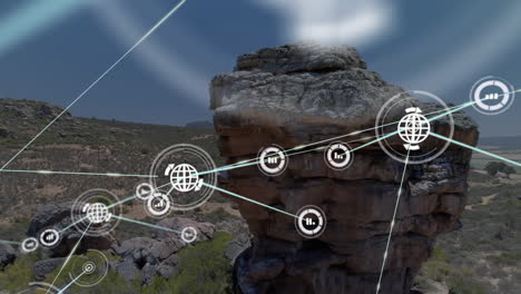 network of connections and data processing animation over rocky landscape