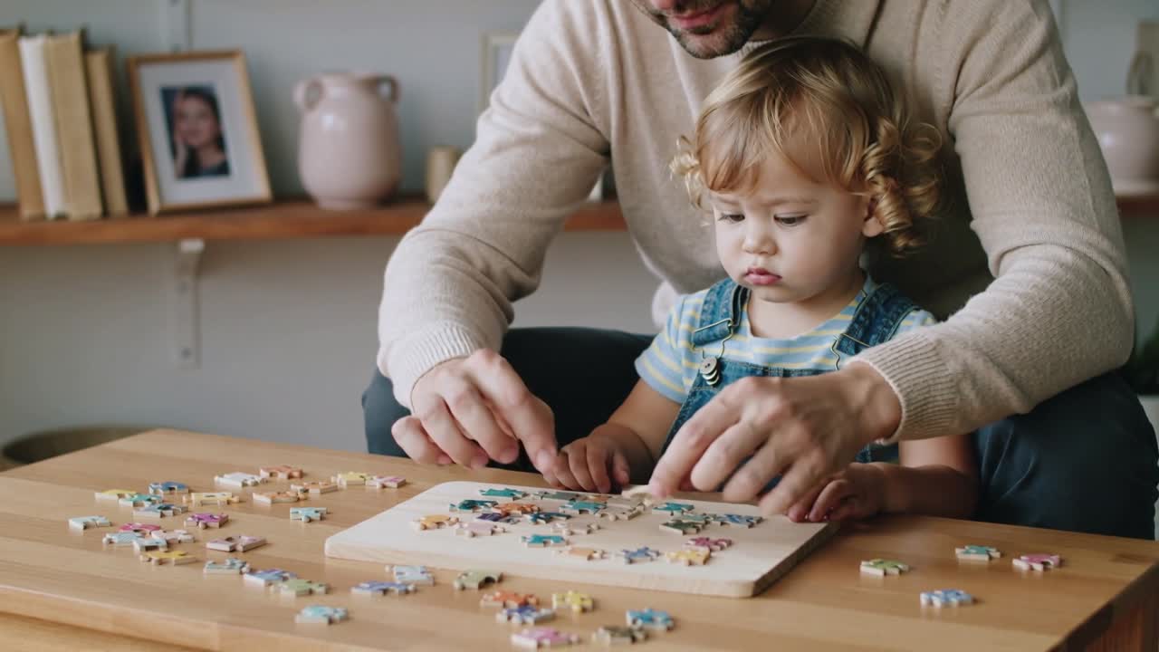Padre con maglione che sceglie un pezzo e insegna a un bambino in salopette a un tavolino su un tappeto da puzzle.
