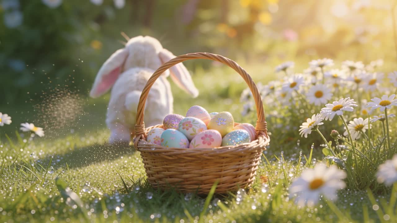 Hopping plush bunny leaving wicker basket with pastel eggs in meadow as sun glinting, spraying dew